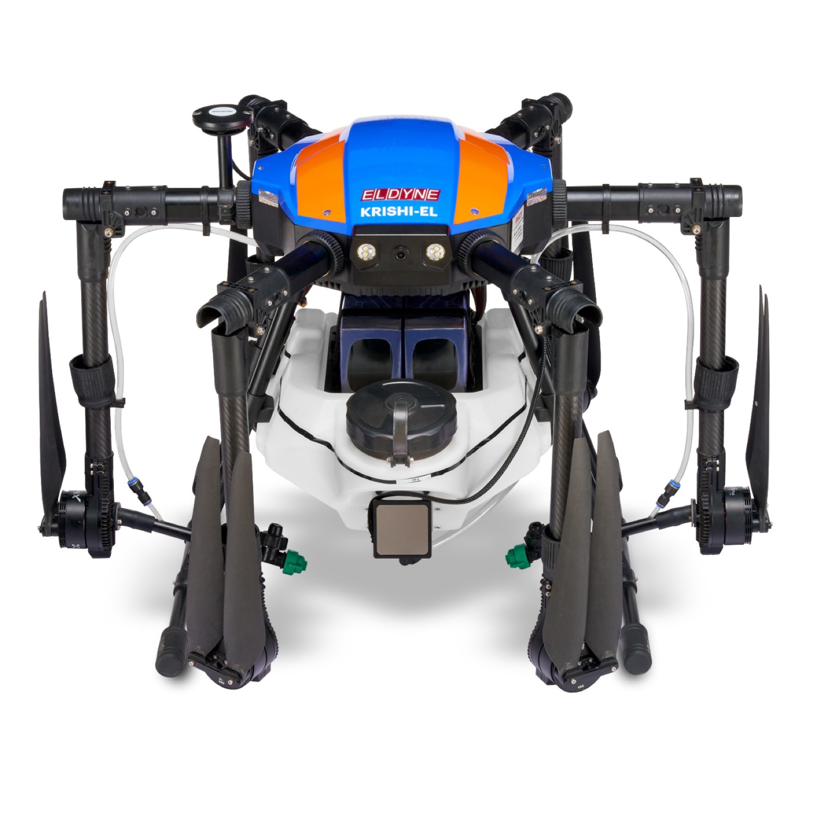 A Krishi-EL drone with its arms folded, seen from the front